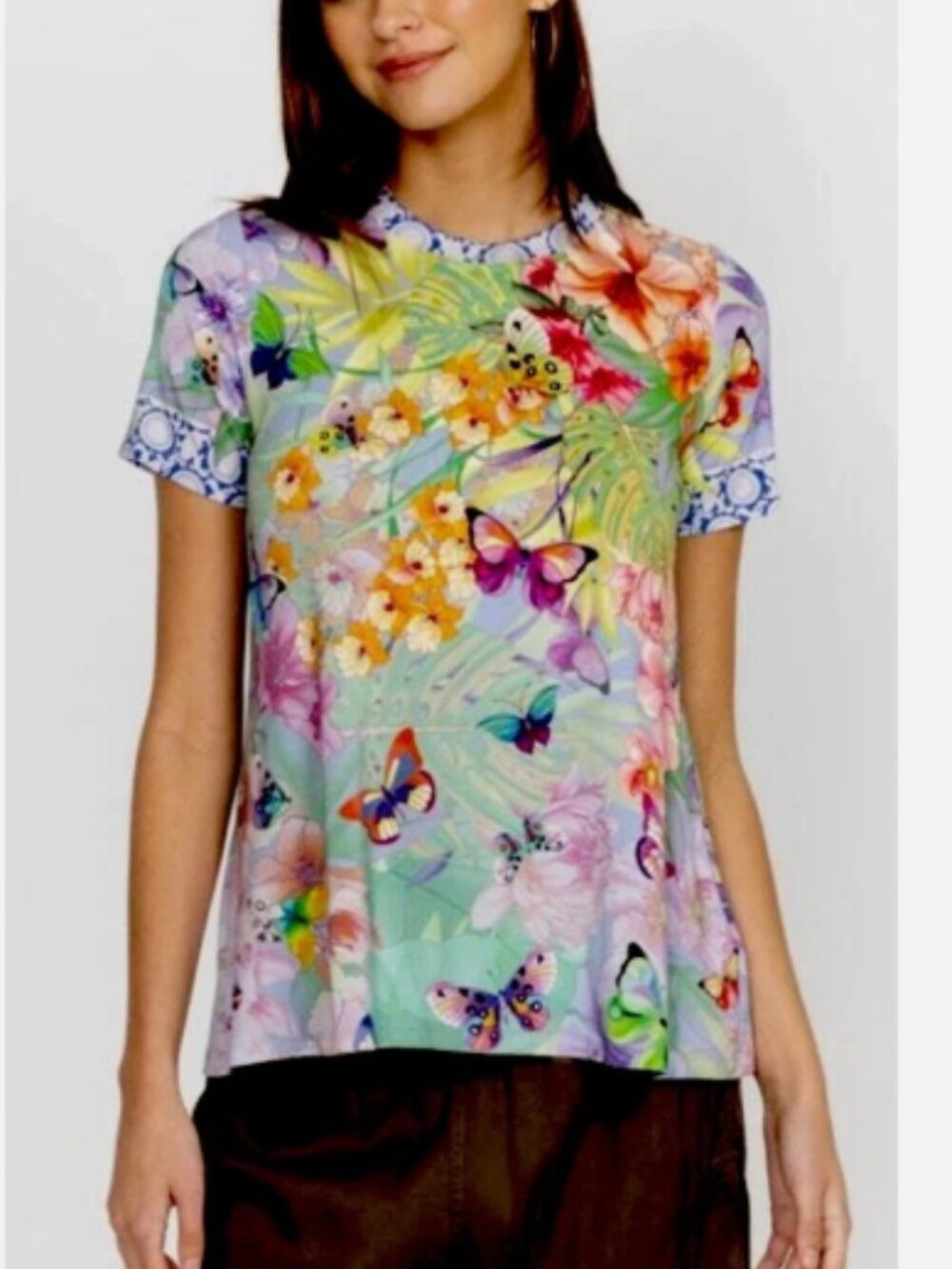 sz L Johnny Was Janie Cozumel Bamboo SS Crew Swing Tee Floral Butterfly